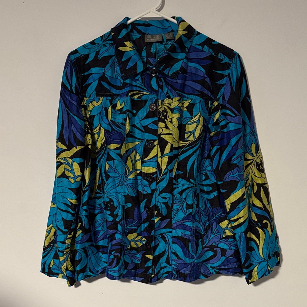 Women’s Chico's Vibrant Blue and Yellow 100% Silk Button Down Shirt Sz. 2